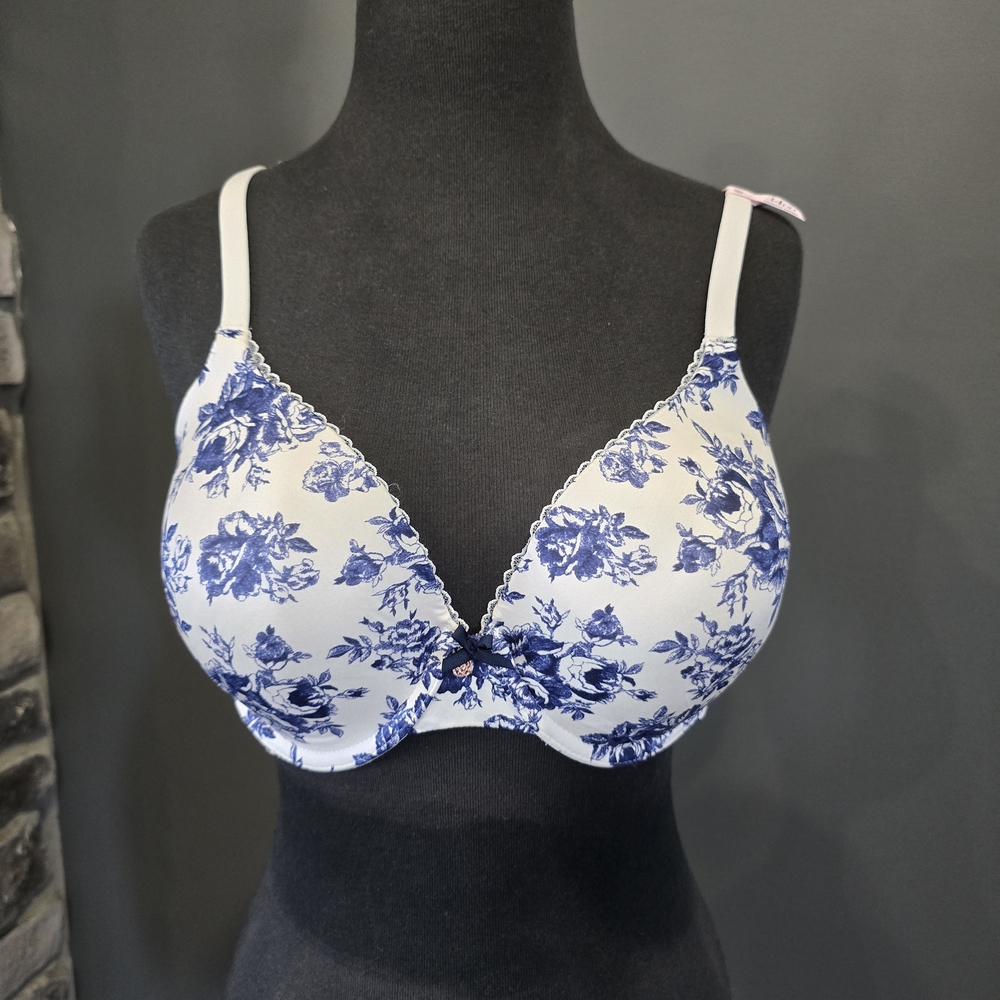 White & Blue Floral T-Shirt Bra with Light Support